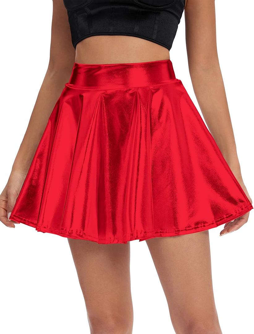 Urban CoCo Women's Shiny Flared Pleated Mini Skater Skirt (Medium)