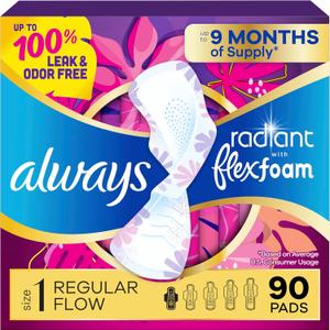 Always Radiant Feminine Pads for Women, Flexfoam Pads with Wings, Size 1, Regular Absorbency, Lightly Scented, 90 Count (3 Packs of 30)