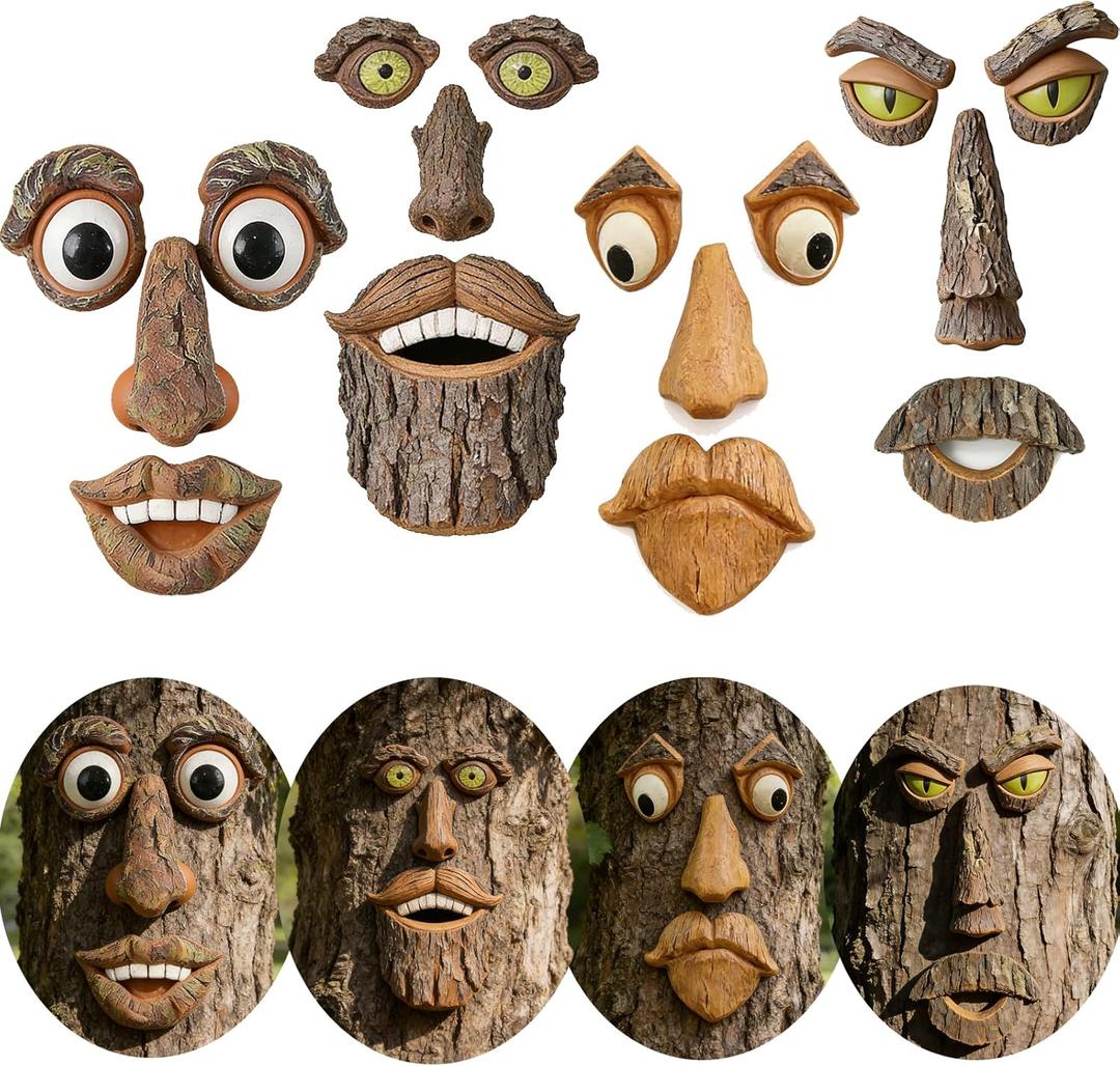 4 Pack Tree Faces Decor Outdoor, Large Whimsical Old Man Tree Hugger Statues, Resin Tree Art for Garden Yard Patio, Funny Tree Peeker Sculptures for Halloween Easter