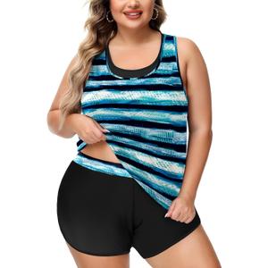 NIeyook Women Plus Size 3 Piece Tankini Swimsuits Athletic Bathing Suits with Boy Shorts Tank Top with Sports Bra (Gradient Blue & Black Stripes)