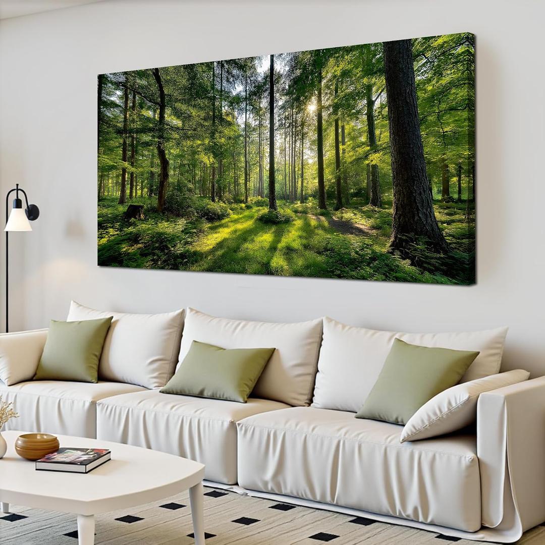 Tarfupth Large Forest Wall Art for Living Room Green Woodland Landscape with Sunlight Modern Nature Wall Decor for Bedroom Office Home Decor 24"x48", 24L" x 48W"