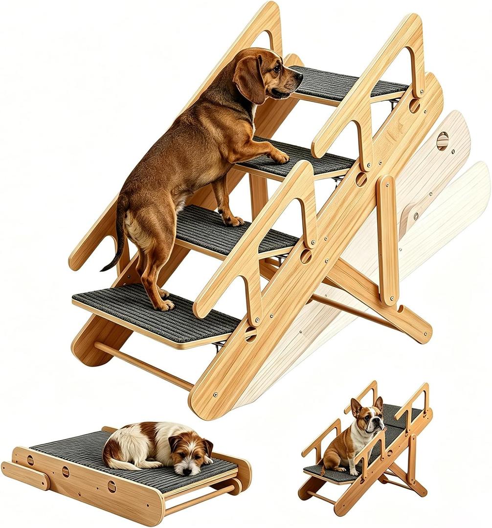 Double Safety Handrails 2 in 1 Adjustable Dog Stairs & Ramp for Small Medium Dogs & Old Cats, Foldable Wooden Pet Steps with Non-Slip Mat for Bed Couch Car Travel