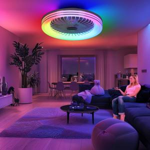 24" Bladeless Ceiling Fan with,Smart LED Ceiling Fans with Voice/App Control, Modern Low Profile Ceiling Fan Dimmable Light, Flush Mount Enclosed Ceiling Fans for Bedroom White
