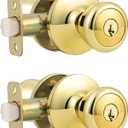 GOBEKOR, 2 Pack Gold Door Knobs with Lock and Key Tulip Door Knobs Exterior with Lock Brass Keyed Alike Entry Door Handles
