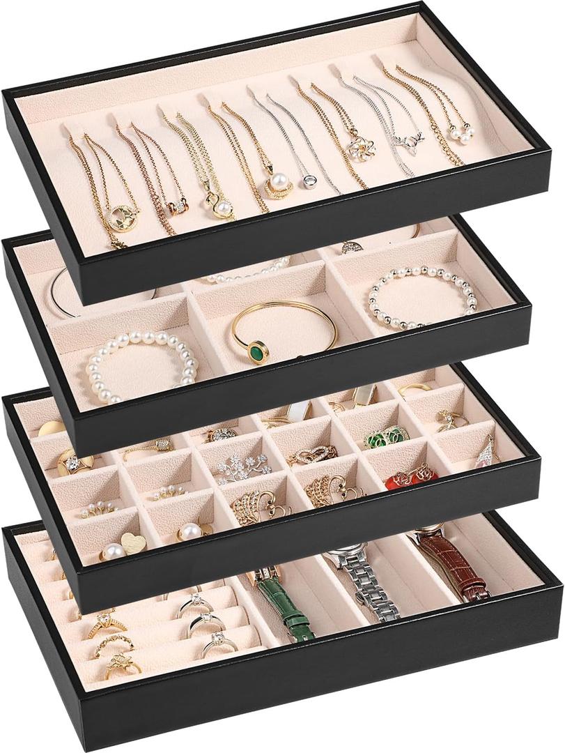 LANDICI Stackable Jewelry Organizer Trays 4 Set,PU Leather Jewelry Organizer Drawer,Jewelry Storage Display Tray for Earring Necklace Rings Bracelet with Removable Dividers,Black