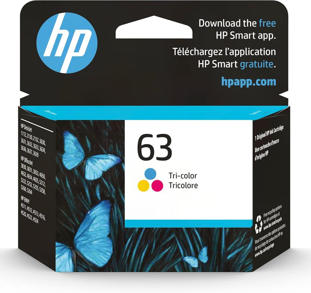 HP 63 Tri-Color Ink Cartridge Printers | Works with Printer Series: DeskJet 1112, 2130, 3630; Envy 4510, 4520; OfficeJet 3830, 4650, 5200 | Eligible for Instant Ink | F6U61AN