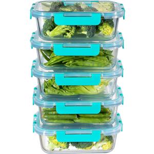 MFY 5-Pack 36 OZ Glass Storage Containers with Lids, Glass Meal Prep Containers Set, Airtight Lunch Containers with Lids, Microwave, Oven, Freezer and Dishwasher Safe, Green