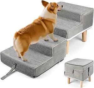 Hdnbsp Split Ottoman Dog Ramp, 4-Step Dog Stairs for Bed, Foldable Pet Steps for Small, Medium, Senior Dogs & Old Cats - Couch Height, Anti-Slip, Washable Cover, Storage Pocket, 135lb Capacity