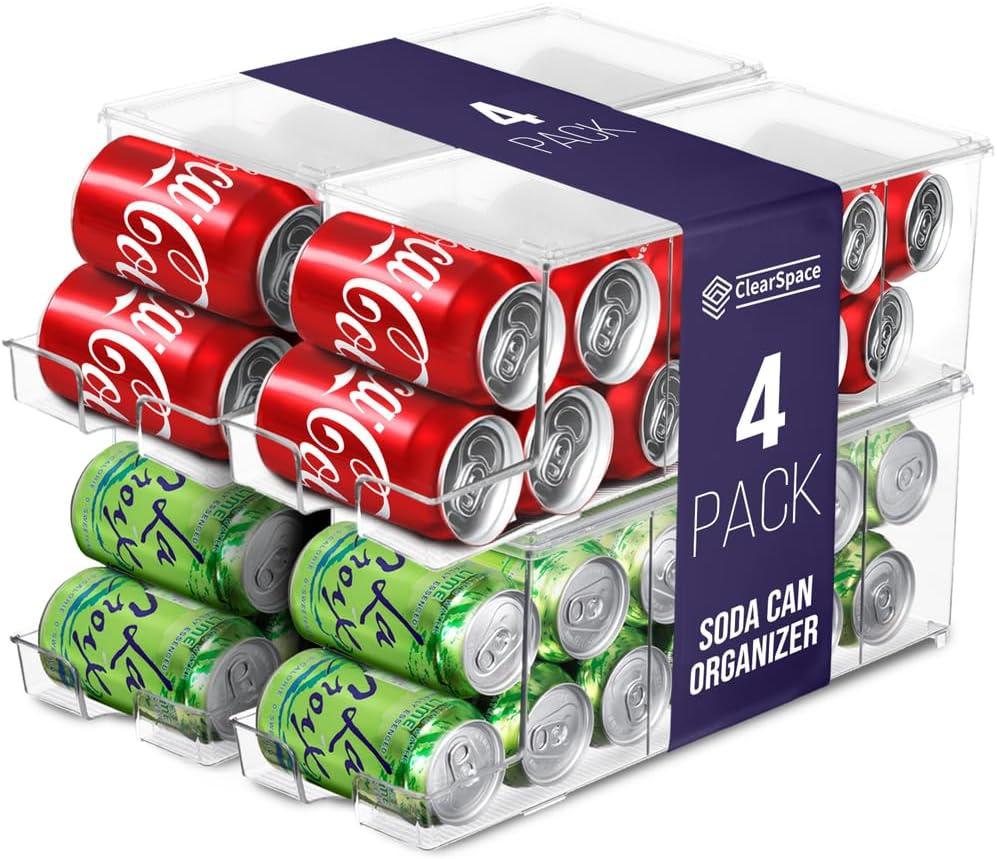 ClearSpace Soda Can Organizer & Soda Can Dispenser for Refrigerator - Fridge Organizer & Stackable Drink Organizer for Fridge, Can Organizer for Refrigerator - Holds 12 Cans Each, BPA Free - 4 Pack