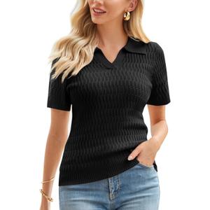 GRACE KARIN Womens 2025 Summer Short Sleeve Sweater V-Neck Collared Pullover Sweater Tops Lightweight Knit Polo Shirt (Medium, Black)