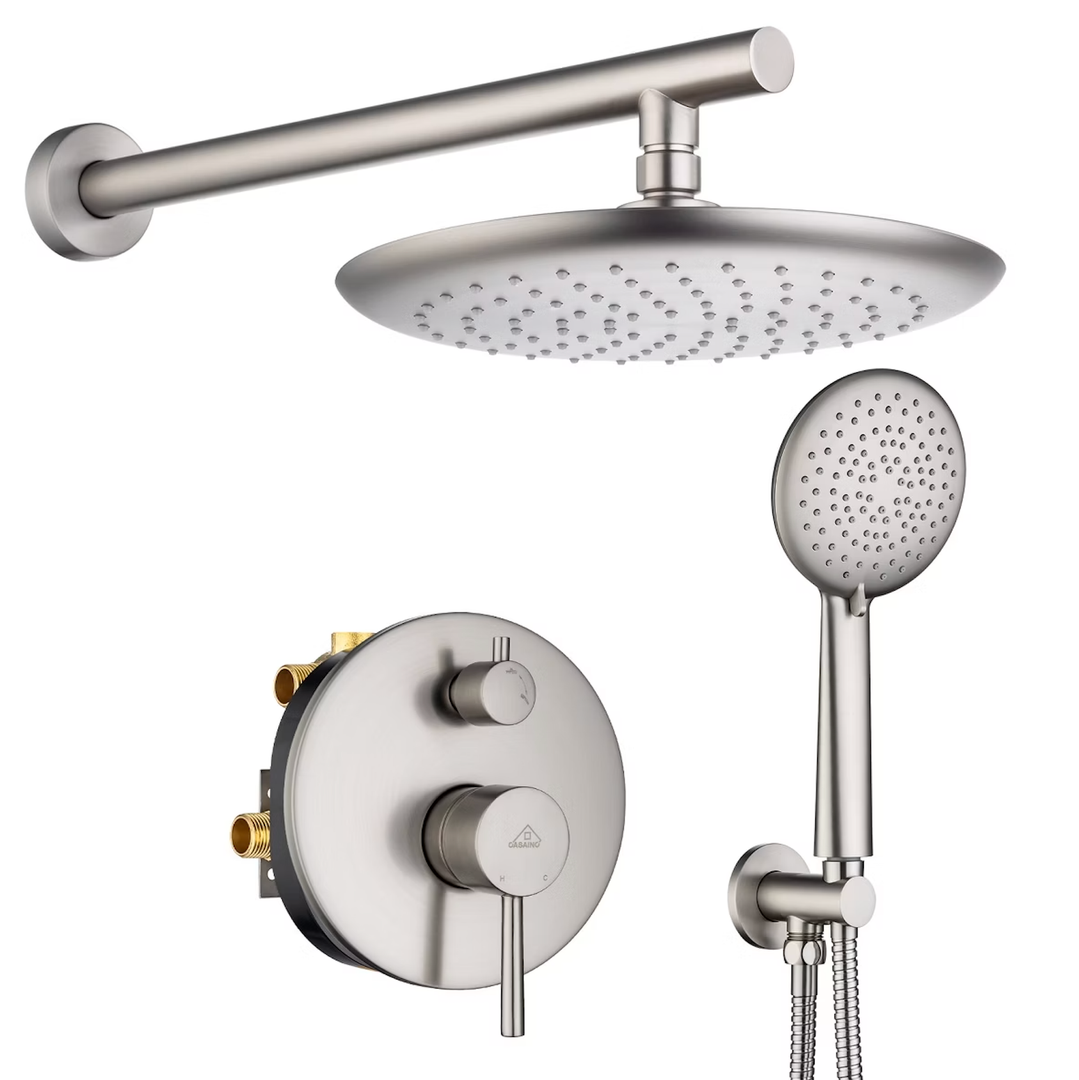 CASAINC 5-Spray Patterns 9.5 in. Wall Mount Dual Shower Heads in Spot Resist Brushed Nickel HM-B203-RO-BN