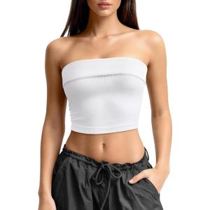 OLCHEE Womens 2PK Tube Tops Off Shoulder Seamless Ribbed Strapless Sleeveless Side Ruched Slim Fitted Summer Going Out Top (M)