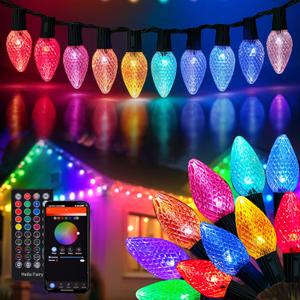 Dazzle Bright Smart C9 Christmas Outdoor Lights, 100 LED 66 FT RGB String Light with Remote, App Control, Music Sync, Connectable Waterproof Xmas Lights for Holiday Tree Patio Roof Decor (RGB (Red, Green, Blue))
