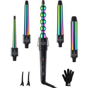 5 in 1 Curling Wand Set: Ohuhu Curling Iron Wand 5Pcs 0.35 to 1.25 Inch Interchangeable Ceramic Barrel Heat Protective Glove 2 Clips Dual Voltage Hair Curler Women Rainbow