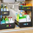 Under Sink Organizer, 2 Pack 2 Tier Pull Out Under Cabinet Organizer Shelf with Pad for Framed Cabinets, Metal Slide Out Under Sink Storage, Mesh Sliding Drawers for Kitchen Bathroom Laundry, Black