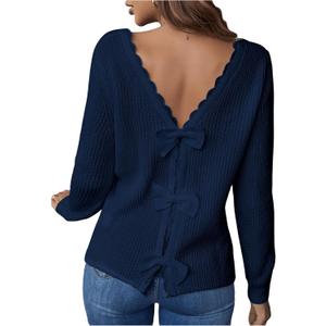 MakeMeChic Women's Bow Knot Back Sweater Long Sleeve V Neck Scallop Trim Knitted Pullovers Top Blue Large