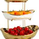 MEIGLQEA 3-Tier Gold Fruit Bowl & Tray with Metal Stand - Ceramic White, Triple Layer for Snacks, Nuts, Bread & Candy Storage