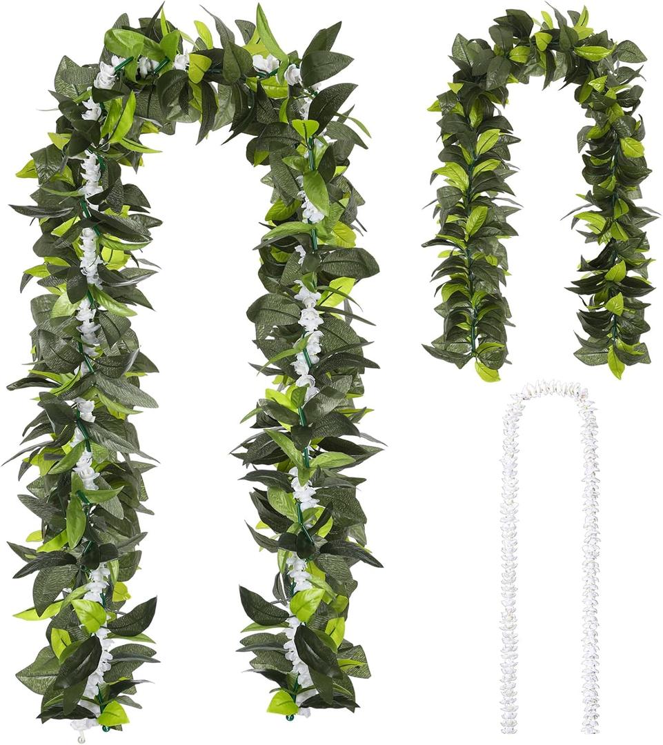 2 Pcs Hawaiian Luau Maile and Pikake Lei Graduation Lei Hawaiian Maile Lei Artificial for Wedding Graduation Party, 4.9 ft