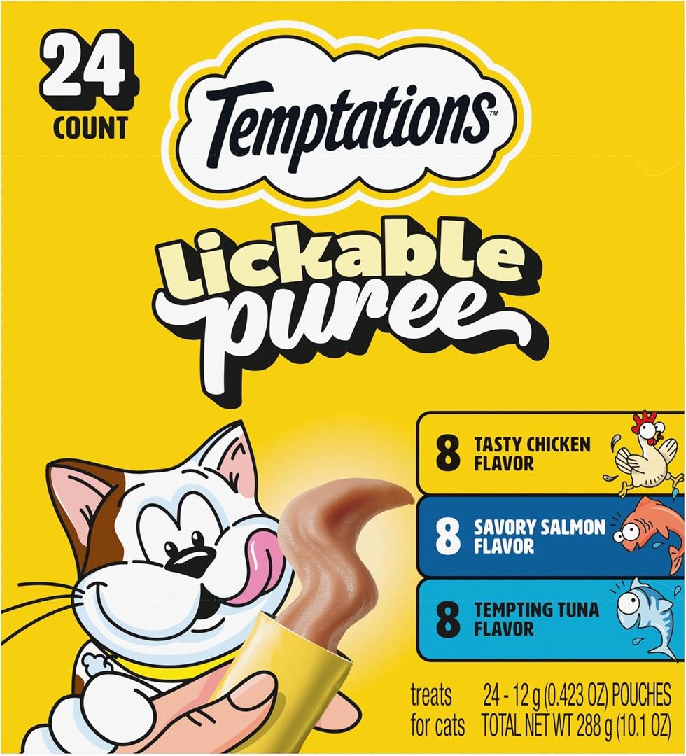 Temptations Creamy Puree Squeezable Lickable Cat Treats, Wet Cat Treats with Chicken, Salmon, and Tuna Variety Pack, 0.42 oz. Tubes, 24 Count, BB 9/11/2027