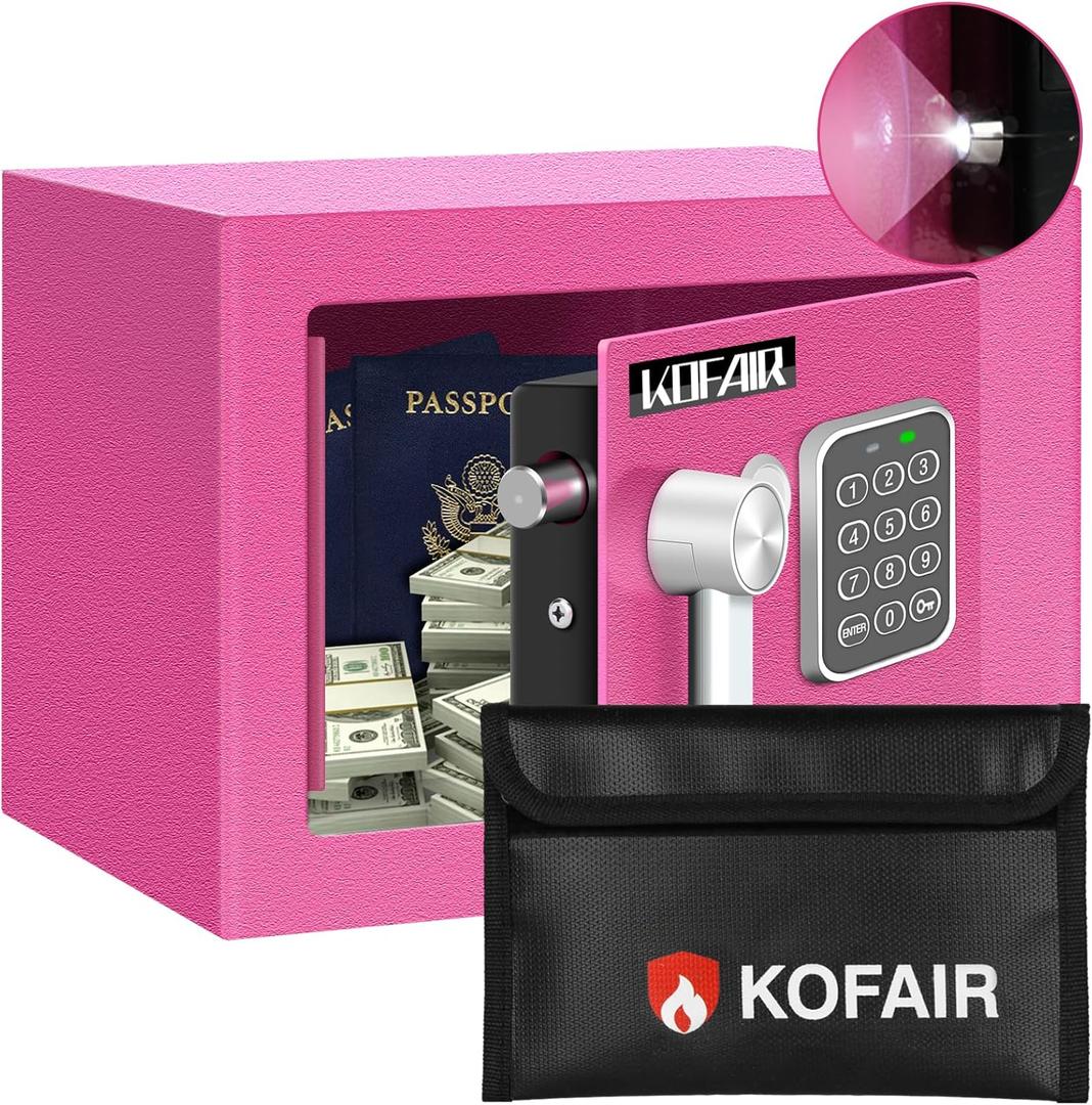 Safe Box for Home Safe (0.23 Cubic Feet) with Fireproof Bag, Personal for Money Safe for Cash Saving, Mini Safety with Key, Digital Safety with Light, Money Lock Box (Pink)