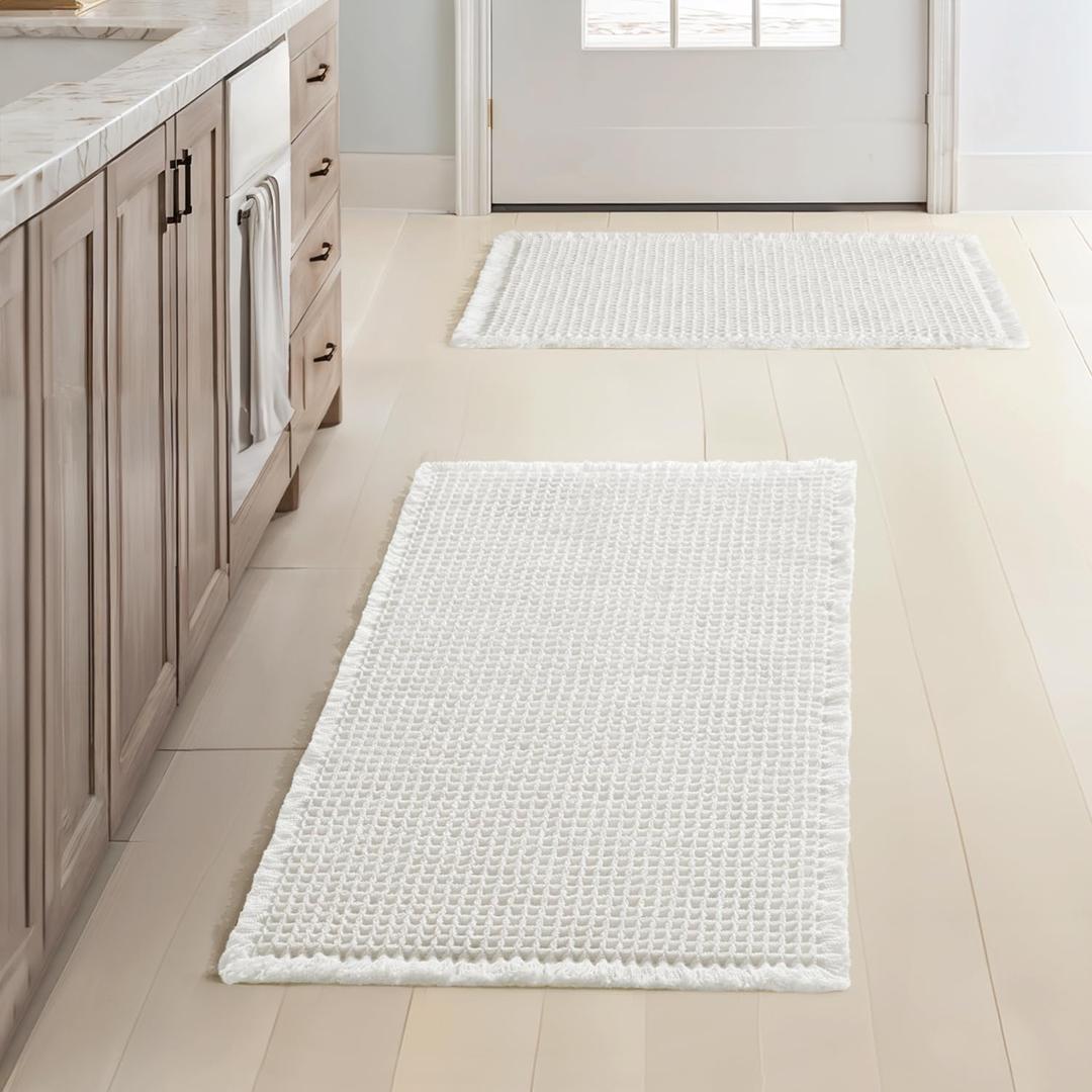 MIULEE Set of 2 Waffle Bathroom Rugs, Boho Bath Rugs Non Slip Washable, Super Absorbent Bath Mats, Ultra Soft Rubber Backed Shower Mats for Bathroom Floor, Tub and Shower, White, 17x24 Inch
