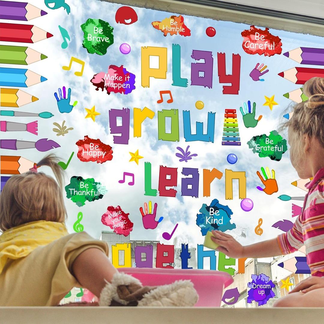 2 x Finduat Play Grow Learn Together Window Clings, Colorful Motivational School Sticker Decals, 9 Sheets, Vinyl, Removable and Reusable, Classroom and Home Decor