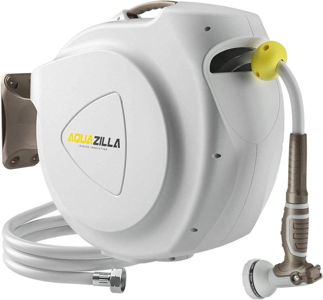 Retractable Garden Hose Reel, 5/8 in 100+6 ft, Heavy Duty Wall Mounted Water Hose Reel, Spring Power Automatic Rewind, Any Length Lock, 180 Swivel Bracket, 10 Pattern Spray Nozzle