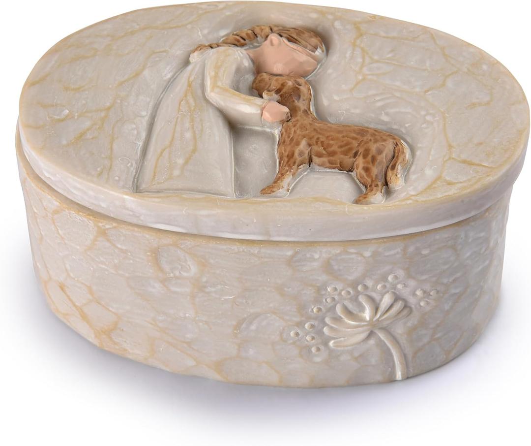 Resin Keepsake Box Oval 3.82 Inch, Memorial Trinket Box for Dog Ashes Pet Hair Collar Tag, Engraved Girl with Puppy Design, Small Decorative Storage for Photo Jewelry Memento