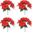 Poinsettias Artificial Christmas Flowers Decorations - 4 Pcs Artificial Red Poinsettia Flowers with Stems 5 Heads for Christmas Tree, Fake Red Poinsettia Flowers for Home Outdoor Xmas Tree Decor