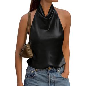 Cicy Bell Women Summer Satin Halter Tank Tops Y2k Going Out High Mock Neck Backless Cami Shirts Cute Party Camisole Tops (Black, XL)