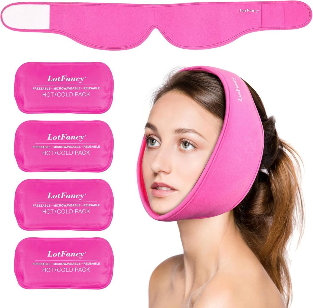 LotFancy Face Ice Pack Wrap with 4 Reusable Hot Cold Therapy Gel Packs, Pain Relief for TMJ, Wisdom Teeth, TMD, Oral and Facial Surgery, Dental Implants, Pink LotFancy Face Ice Pack Wrap with 4 Reusable Hot Cold Therapy Gel Packs, Pain Relief for TMJ, Wisdom Teeth, TMD, Oral and Facial Surgery, Dental Implants, Pink