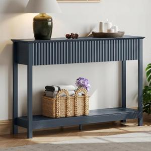 Treocho 47" Fluted Console Table with 3 Drawers, Narrow Long Entryway Table with Storage and Shelf, 2-Tier Sofa Table Behind Couch Accent Tables for Entrance Foyer, Hallway, Living Room, Blue