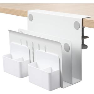 MAXECHO Desk Side Storage, Under Desk Laptop Mount, Table Side Hanging File Organizer, No Drill Clamp On Cable Management Tray, Laptop Holder with Magnetic Pen Holder for Office and Home, Load 22 Lbs (White)