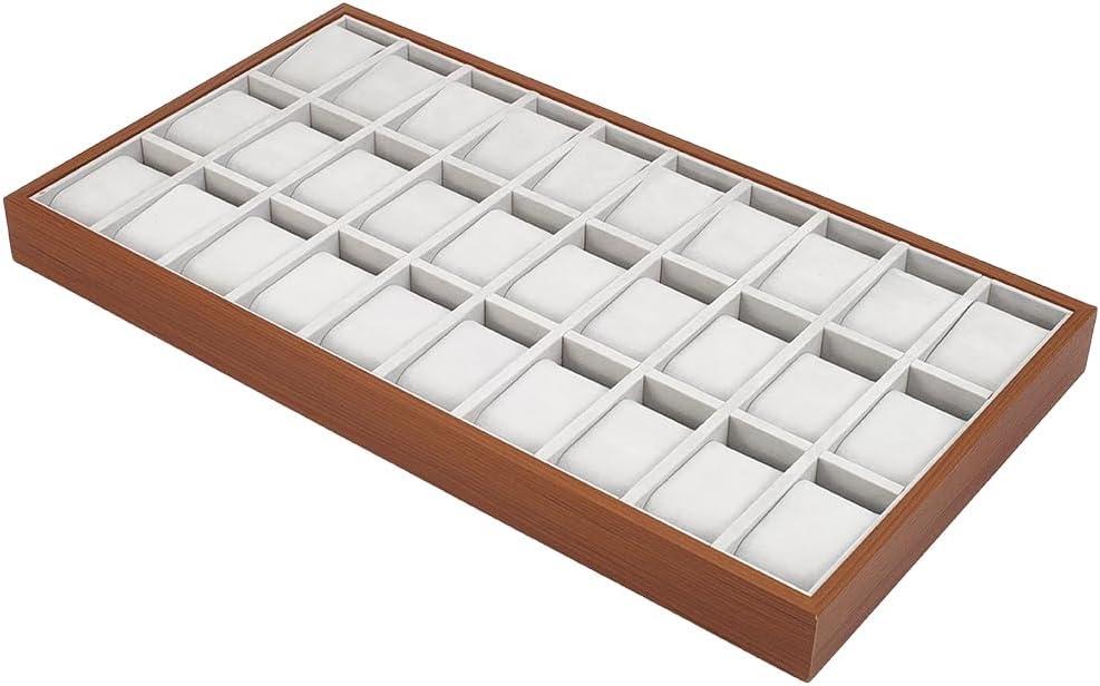 UNICRAFTALE 30 Slot Wooden Watches Jewelry Tray Organizer Coffee Watch Display Case with Gray Velvet Pillows Watch Drawer Insert Jewelry Storage Organizer for Vanity Closet Countertop 21x11.4x1.7 Inch
