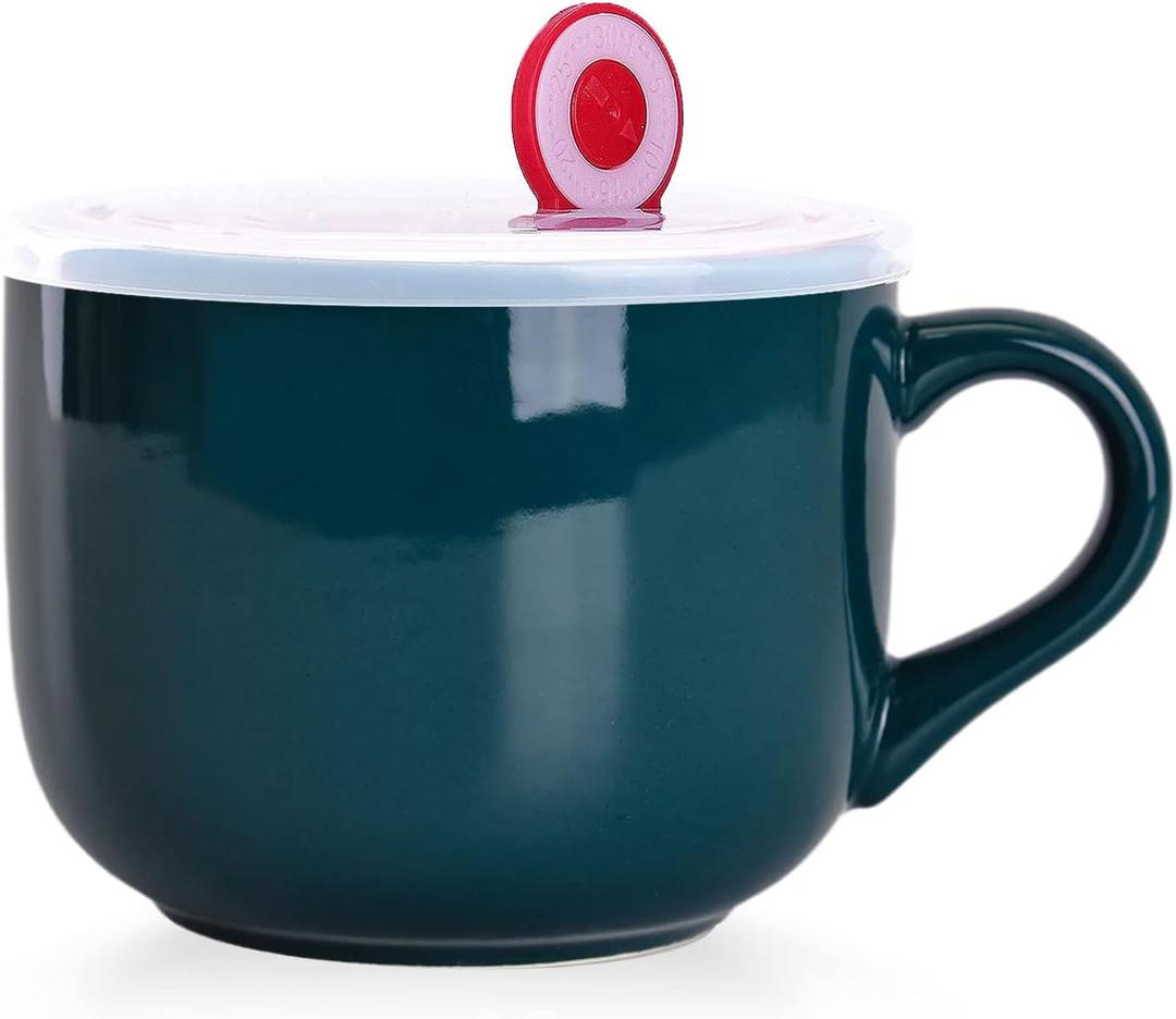 WHJY Simple Ceramic Soup Mugs with Lid, 22 oz Soup Cups with Handle, Microwave Oatmeal Bowl Coffee Mug with Lid and Handle for Milk, Tea, Fruit, Ice Cream Cereal Coffee - Dark Green