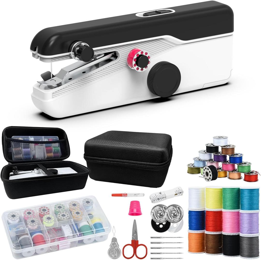 Handheld Sewing Machine for Beginners & Quick Fixes, 2-Speed Mini Sewing Machine | Dual Power (Battery/USB-C)/26-Color Thread Kit & Storage Box, Whiteblack