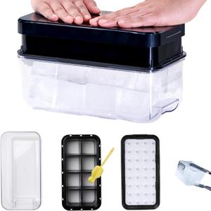 Push Big Ice Cube Tray for Freezer with Lid & Bin, 8 Large Ice Cube Molds Silicone Maker with Tong for Whiskey, Bourbon, Cocktail (BLACK, GIANT PUSH 1 TRAY SET)
