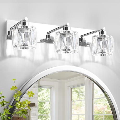 VOLISUN Crystal Vanity Lights - 3 Light Modern Stainless Steel Bathroom Light Over Mirror, Chrome Finish - UL Certificated (Exclude Bulb)