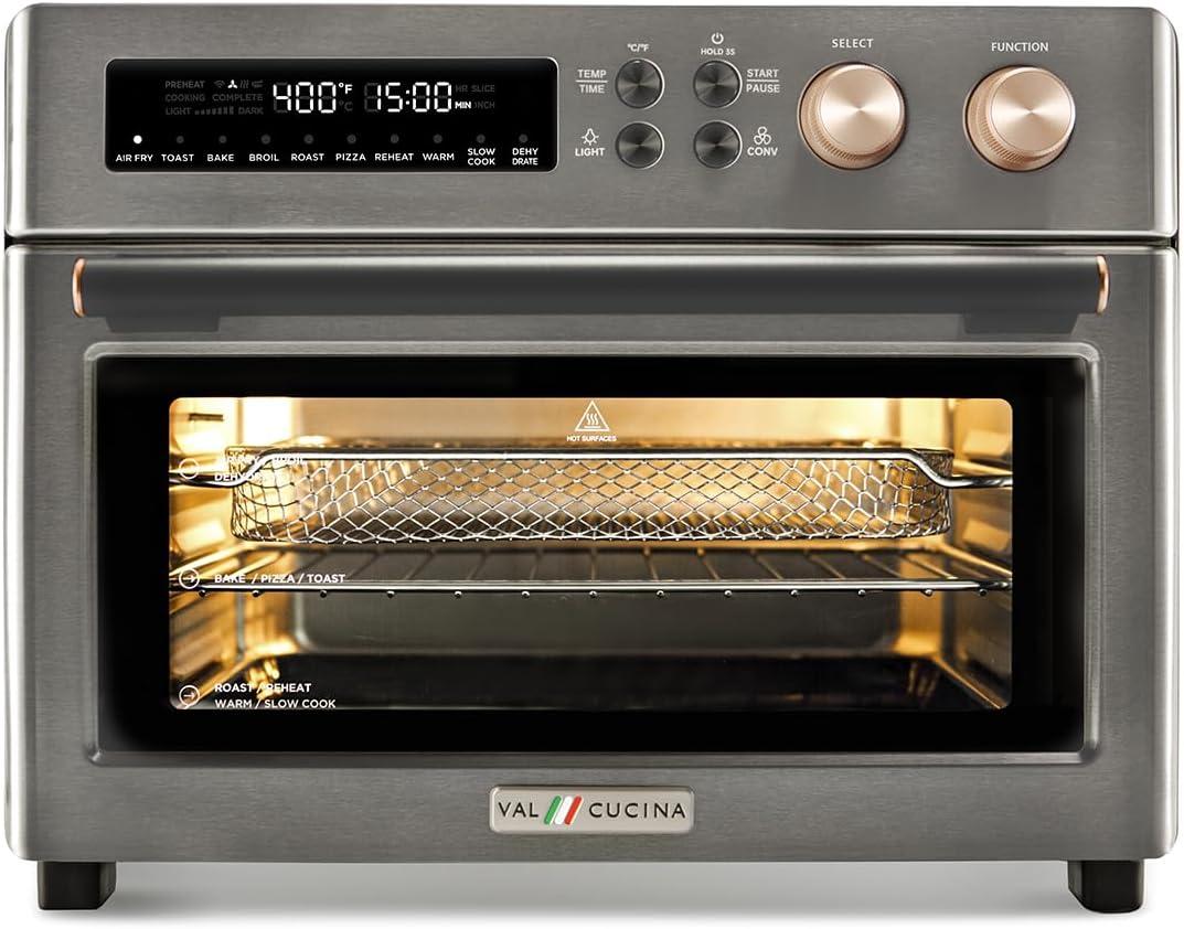 VAL CUCINA Infrared Heating Air Fryer Toaster Oven, Extra Large Countertop Convection Oven 10-in-1 Combo, 6-Slice Toast, Enamel Baking Pan Easy Clean with Recipe Book, Black Matte Stainless Steel, 16.7"D x 16.1"W x 13"H
