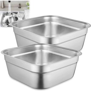 yeesport 2 Pcs Washing Up Bowls, Multi-Purpose Stainless Steel Dish Tubs for Sink, Large Square Containers for Kitchen, Vegetable Washing Basins, Sturdy Dishpans for Home