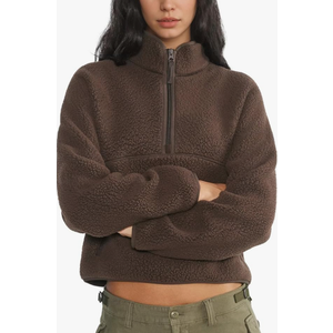 Womens Fleece Sweatshirts Cropped Half Zip Fuzzy Warm Sherpa Pullover Varsity Jackets with Zipper Pockets, Medium