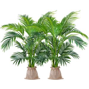 Worth Garden 4ft Artificial Areca Palm Plant 2 Packs in Pot, Fake Cane Palm Silk Tree Indoor Outdoor, Dypsis Lutescens, 47in Lifelike Faux Silk Plant Home Decor, Two Linen Bags Included
