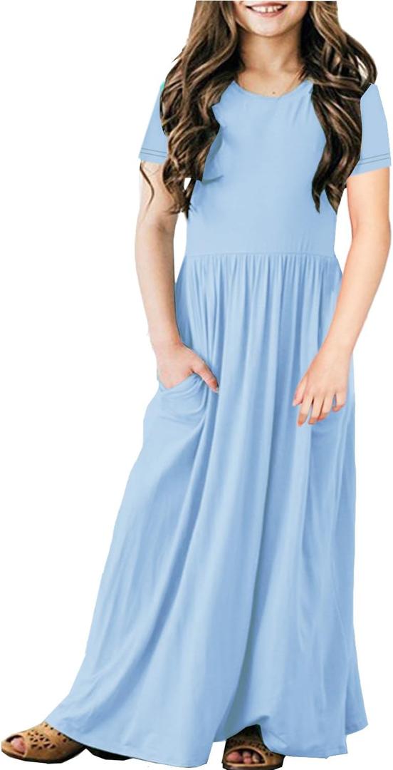 Deerose Girls Maxi Dresses Holiday Long Dress Short Sleeve with Pockets (11-12 Years, Sh | Light Blue)