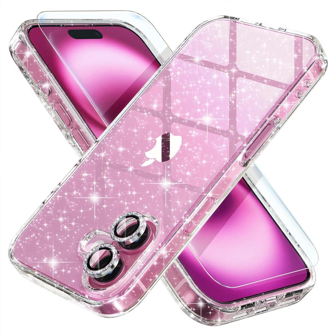 Choiche Compatible for iPhone 16 Case Women Phone Case, Cute Bling Sparkly, Military Grade Drop Protection, 2 Diamond Camera Lens Covers, 2 Tempered Glass Protectors, 6.1 inch (Glitter Clear)