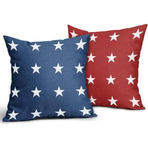 4th of July Pillow Covers 18x18 Rustic Blue Red Stars Memorial Day Independence Day American Patriotic Decorative Pillowcase for Couch Sofa Home Throw Pillows Square Linen Cushion Case, Set of (Star10)