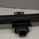 Heavy-duty black powder-coated steel trailer hitch receiver featuring a welded square cross tube, integrated safety chain loops. Designed for towing trailers and supporting hitch-mounted accessories such as bike racks and cargo carriers. Durable corrosion-resistant finish with robust welded construction for long-lasting performance.