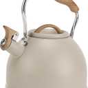 Tea Kettle, Vegoran 100 OZ / 3 Liter Whistling Tea Kettle, Tea Pots for Stove Top Food Grade Stainless Steel with Wood Pattern Folding Handle, Loud Whistle Kettle for Tea, Coffee, Milk (Milk White)