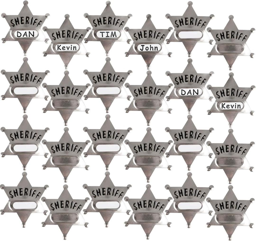 Bedwina Metal Sheriff Badges - (Pack of 24) Silver Star Name Badges with Stickers for Personalized Names, Western Cowboy Dress Up Deputy's Badge Toys for Kids Birthday Party Favors, Giveaways & More