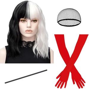 TANTAKO Black and White Wigs for Women Halloween Cosplay Costume with Long Red Gloves and Costume Holder for Adult