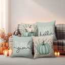 BBOLDIN Fall Thanksgiving Throw Pillow Covers 18x18, Fall Plaid Blue Teal Turquoise Pumpkin Pillow Cases Set of 4, Halloween Autumn Cushion Covers Decorations for Home Porch Bedroom